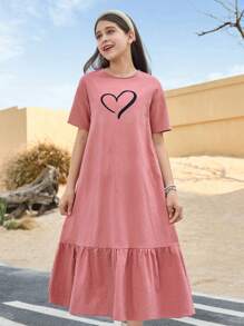 SHEIN Tween Girl Loose Fit Ruffle Hem Heart Embroidery Decor Casual Shift Dress - Pink - View 6