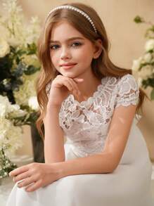 SHEIN Tween Girl Elegant High-End Lace Patchwork Glossy Satin Long Sleeve Flower Girl Dress For Weddings, Galas, Birthdays, Performances