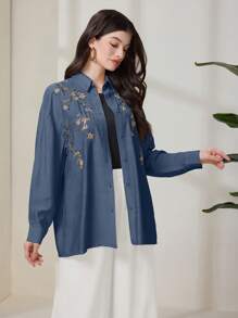 Seusyu 女士优雅花卉刺绣前扣长袖衬衫 - 寶藍色 - 查看 4