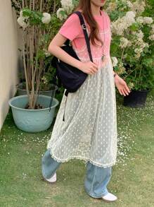 DAZY 夏季新款宽松休闲毕业蕾丝透视中长连衣裙 - 白色 - 查看 8