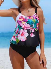 Swim Lushoire 2件組女款位置印花細肩帶分體式泳衣上衣與高腰泳褲，成熟保守風格夏季泳裝 - 彩色 - 查看 4