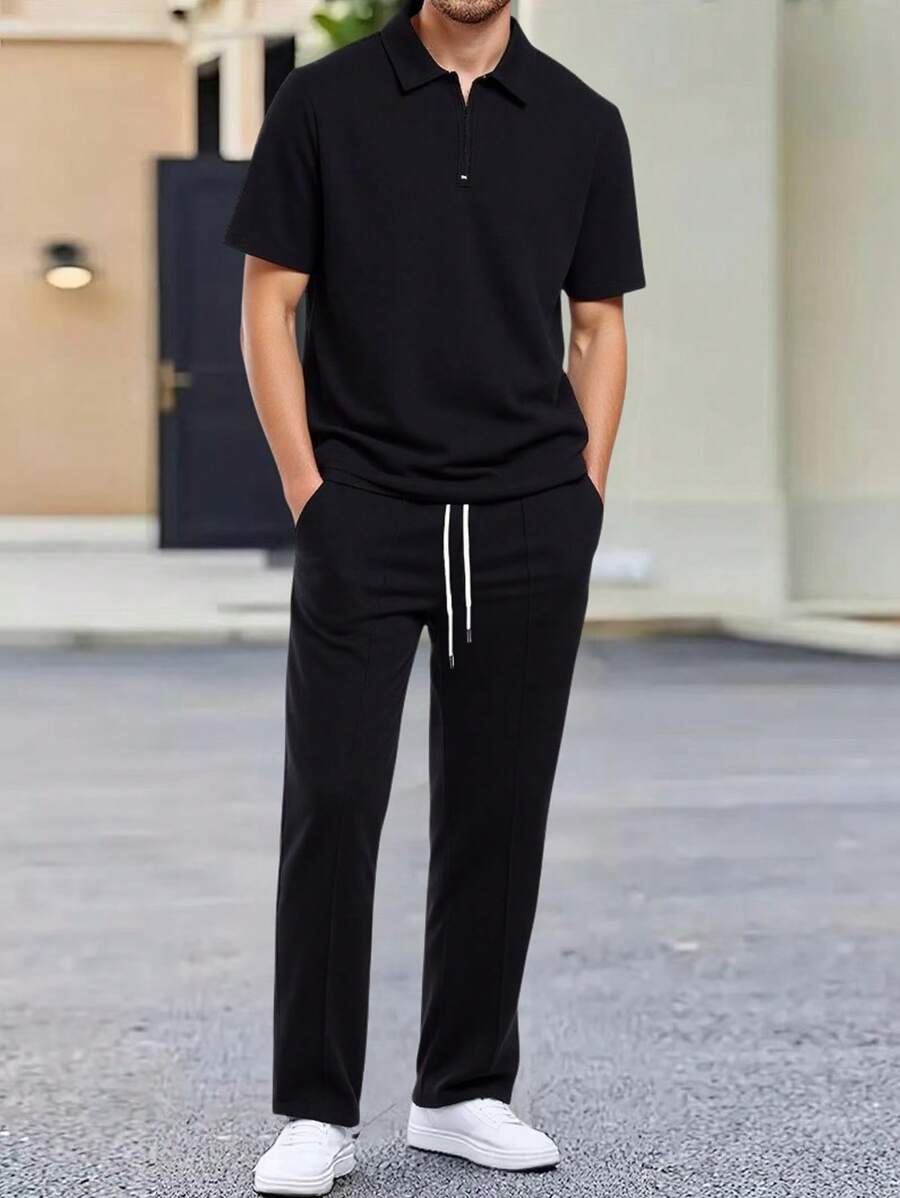 Manfinity Homme 两件套男士华夫格针织休闲装:拉链短袖翻领衬衫和抽绳裤 - 黑色,涤纶混纺,适合春夏休闲装 - 黑色 - 查看 1