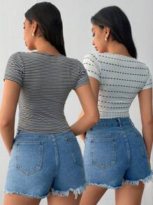 RueChic Damen Multipack Weich Gestreift Rundhals Lässig Passform T-Shirt