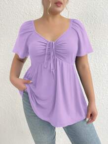 SHEIN Clasi Camiseta de manga corta de talla grande, de unicolor, con cintura ajustada, para el verano - Púrpura malva - Ver 5