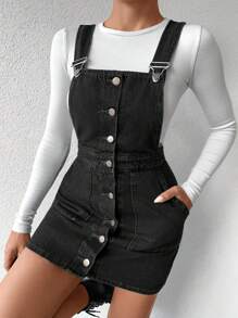 EURMUSE Women's Casual Faded Front Button Denim Pinafore Dress - Dark Grey - View 3