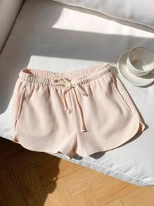 SHEIN EZwear 女士實色束腰短褲，帶口袋，夏季休閒裝 - 杏色 - 查看 8