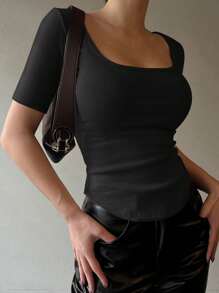 DAZY Solid Scoop Neck Tee,Crop Tops Women - Black - View 2