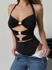 Aloruh Costume da bagno aderente elegante in nero tinta unita, con collo a anello, decorazione con fibbia metallica, alta elasticità, adatto per vacanze al mare