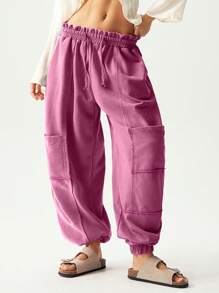 Bohemela Women's Casual Solid Color Knit Loose Drawstring Sweatpants - Hot Pink - View 4