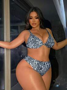 Swim SXY Plus Size Leopard Print Vacation Beach Swimsuit Set - Black and White - View 3