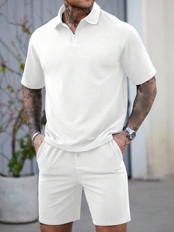 Manfinity Homme Men's Solid Color Short Sleeve Polo Shirt And Shorts Casual Set