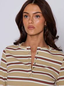 MUSERA 长款圆领按扣条纹可爱长袖T恤，适合机场、假日、秋季、返校季、圣诞节等场合，优雅百搭。 - 橄欖綠 - 查看 6