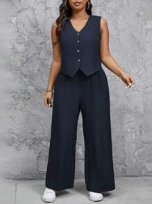 SHEIN Tall CURVE Conjunto de 2 piezas de chaleco y pantalón de unicolor informal talla grande - Azul Marino - Ver 5