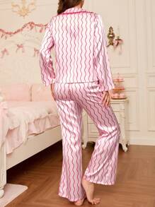 SHEIN Women Striped Turndown Collar Contrast Color Satin Pajama Set - Multicolor - View 2