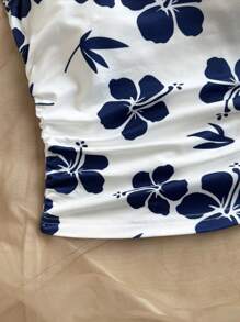 Soleia 大码女式复古蓝白瓷印花挂脖白色罗纹针织修身背心，适合夏季女士夏季套装女士夏季衬衫 - 藍白色 - 查看 6