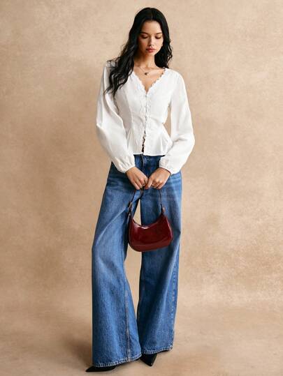 Poéselle Áo sơ mi ren trắng thanh lịch bằng cotton, áo sơ mi dài tay, áo sơ mi eo, áo ren, áo sơ mi ren, áo sơ mi cotton, chi tiết eo thanh lịch, cho buổi đi làm hàng ngày, thiết yếu, FW24, trang phục mùa thu