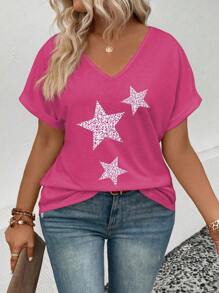 SHEIN T-shirt casual versatile da donna con scollo a V, maniche a polso e stampa a stelle, taglie comode per donne con taglie forti
