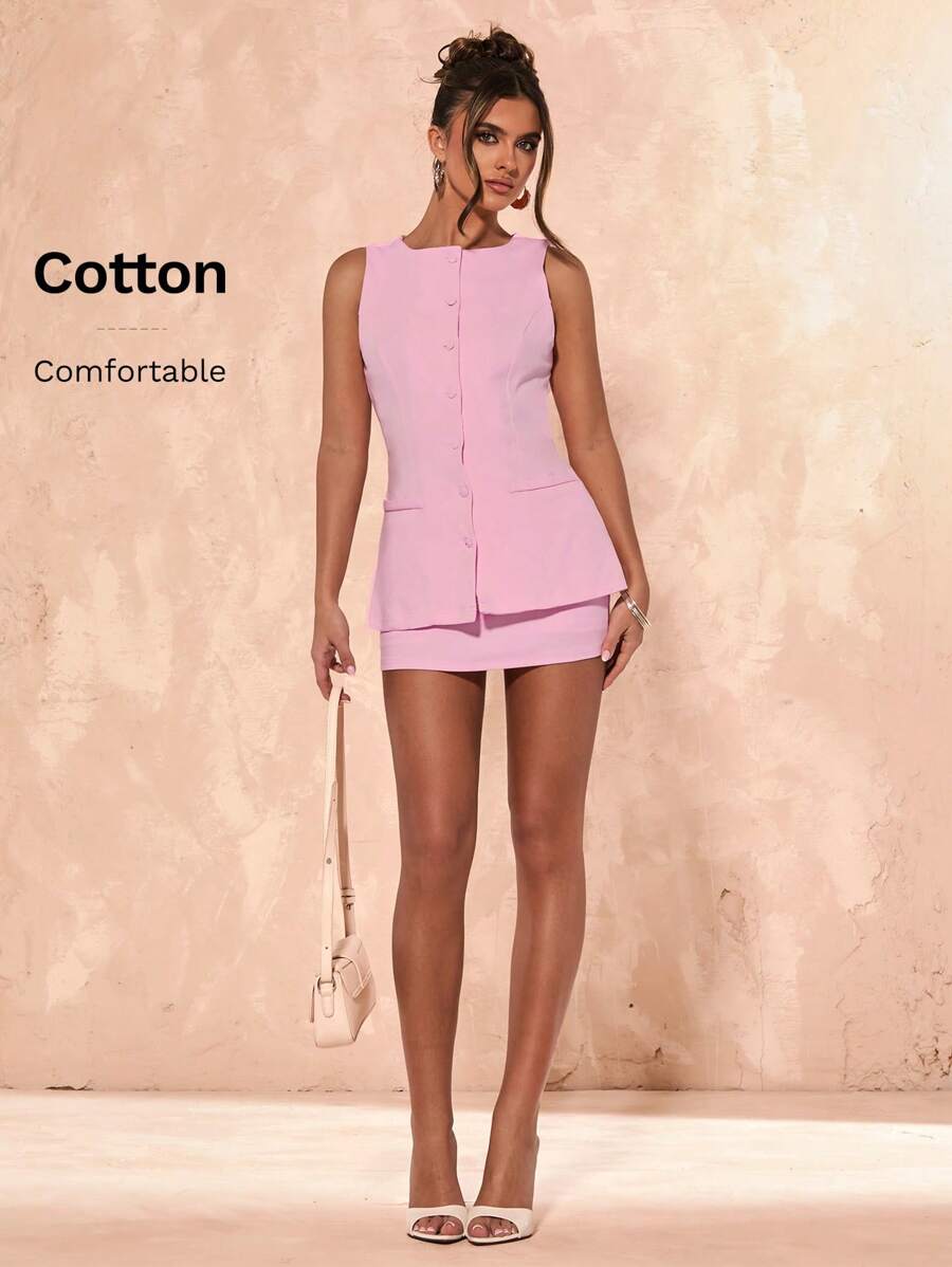 SHEIN BAE Women Solid Front Button Sleeveless Top And Mini Skirt Set - Pink - View 1