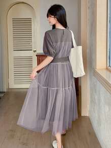 DAZY Women's Color Block Mesh Patchwork Short Sleeve Dress Summer - Grey - View 7