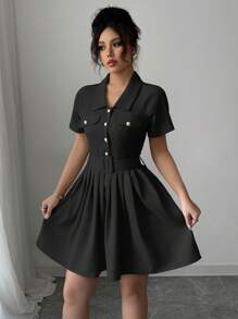 Elenzga Váy suông màu trơn tay Bishop, eo thắt, xếp ly dáng chữ A, có điểm nhấn là khóa kim loại và eo thắt, tay ngắn, phong cách Pháp thanh lịch cho công sở/du lịch thường ngày - màu đen - Xem 6