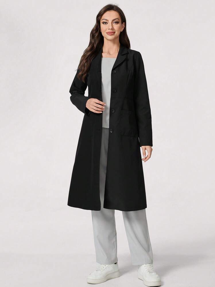 TaskEZ Women's Solid Lapel Neck Long Sleeve Double Pocket Lab Coat
