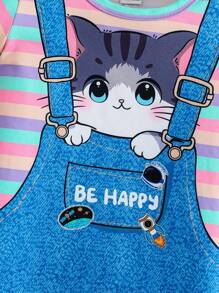 Đầm tay ngắn cổ tròn kẻ sọc 2 trong 1 hình mèo dễ thương cho bé gái, quần áo Kawaii mùa xuân/hè cho bé gái - Nhiều màu - Xem 5