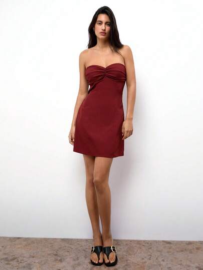 Maija 女士夏季优雅纯色褶饰抹胸短款连衣裙