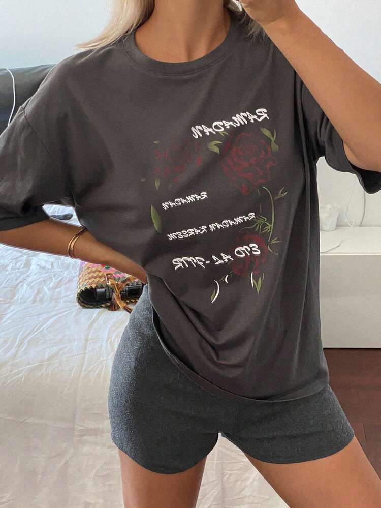 Women's Loose Casual Printed Round Neck Short Sleeve Minimalist T-Shirt Cute Tops Oversized T-Shirt