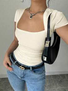 Selianne 时尚U领修身褶皱腰高弹针织白色女T恤，春夏季