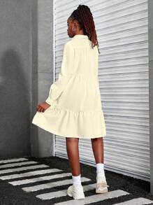 Teen Girls Plain Long Sleeve Buttoned Frill Hem Casual Dress