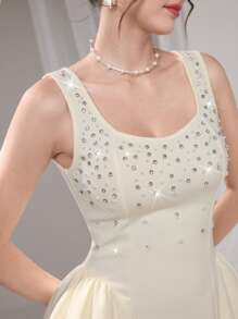 Poshira Abito da sera lungo e ampio in tulle con cristalli incrostati, senza maniche, da donna, taglia comoda, abito elegante da laurea o da cerimonia, abito da donna bianco morbido, regalo di laurea, abito da festa, abito da ballo