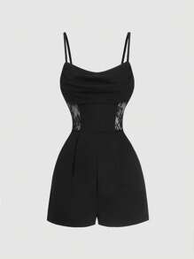 SHEIN MOD 女士黑色蕾丝拼布连身裤 - 黑色 - 查看 1