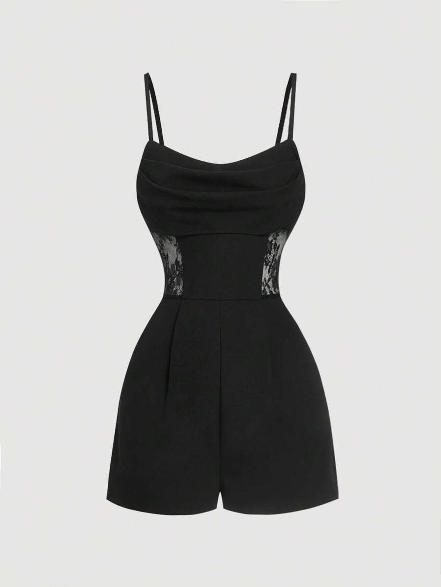 SHEIN MOD 女士黑色蕾丝拼布连身裤 - 黑色 - 查看 1