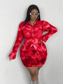 Maweii Plus Size Vintage-Look Mesh Magenta Top And Skirt 2 Pieces Set - Red - View 5