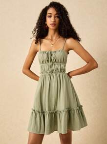 Poéselle 女士连衣裙 棉质露背系带 A 字下摆连衣裙 女士连衣裙 可爱连衣裙 露背褶皱短裙，纯色，细肩带，休闲简约，适合日常穿着 女士连衣裙 绿色连衣裙 夏季女装 夏季女装 夏季连衣裙 波西米亚风海滩女装 海滩女装 春季女装 夏季服装 鼠尾草绿色连衣裙 节日服装 绿色女装 夏季服装 春季服装 西式连衣裙 - 綠色 - 查看 6