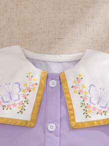 SHEIN 2pcs/Set Girls Vintage French School Style Sailor Top + Pleated Skirt Suit, Contrast Color Collar & Puff Sleeves, Cute & Sweet For Summer - Purple - View 4