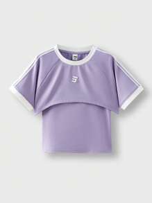 JNSQ Tween Girl Back To School Outdoor Sports Vest Set, Children's Round Neck Patchwork Ribbon Contrast Color 3D Embroidery Outdoor Sports Vest Set Top - Mauve Purple - View 6