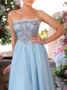 Glamrae 优雅华丽的浅蓝色亮片刺绣仿珍珠链异形露肩领腰部缎纹缝合超大女士正式晚礼服、派对礼服、礼服，适合晚会、婚礼宾客 - 淺藍色 - 查看 5