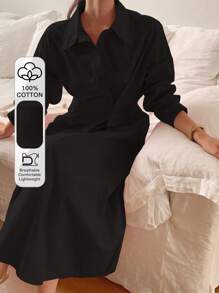 DAZY 女式纯色长袖休闲收腰中长连衣裙，秋季衬衫裙 - 黑色 - 查看 1