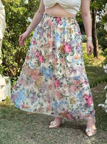 Lyrianda Plus Size Women Holiday Floral Print Elastic Waist Casual Skirt - Multicolor - View 2