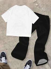 SHEIN TOKYO, Conjunto casual de 2 piezas de camiseta y pantalón campana para niños preadolescentes, apto para el verano