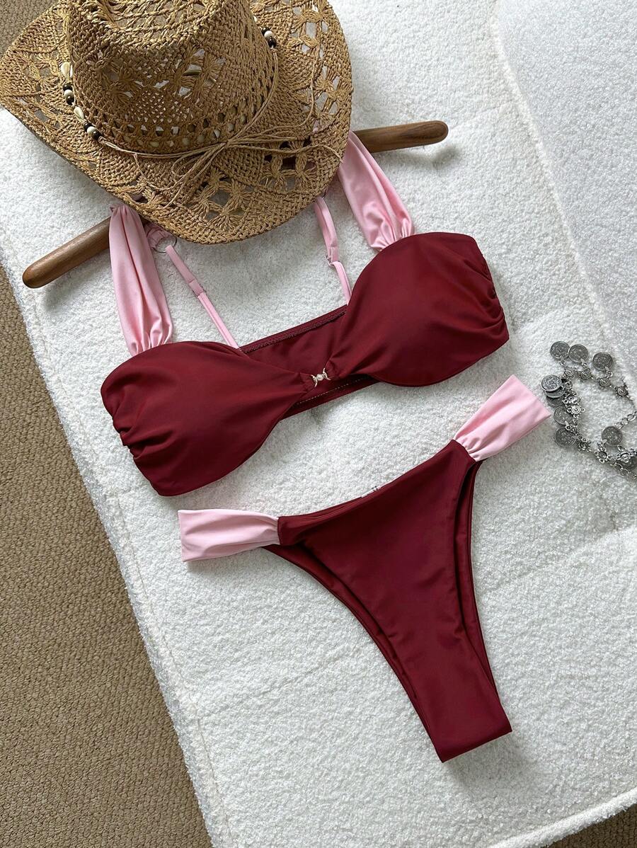 Swim Vcay 2pcs/Set Atasan Tanpa Tali Warna Polos dengan Hiasan Mutiara & Celana Pendek Renang untuk Wanita, Pakaian Renang Liburan Pantai Musim Panas - MultiWarna - View 1