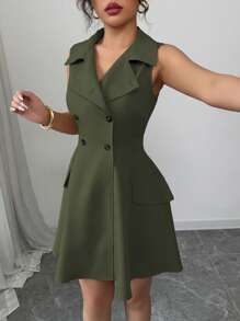 Selianne 女装春夏法式优雅通勤休闲度假纯色衬衫领双排扣收腰A字假口袋盖装饰无袖连体裤短款连衣裙 - 軍綠色 - 查看 3