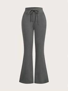 SHEIN Tall Women's Solid Color Drawstring Waist Casual & Versatile Flared Long Pants - Grey - View 2