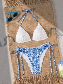 Swim Vcay 2 件套全新夏季随机纹理印花三角吊带比基尼泳装带花卉装饰，优雅性感海滩度假泳池派对女士泳装 - 藍白色 - 查看 8