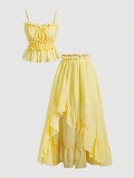 SHEIN MOD Chiffon Ruched Set: Ruched Camisole & Ruffle Hem Long Skirt Island Vacation Outfits