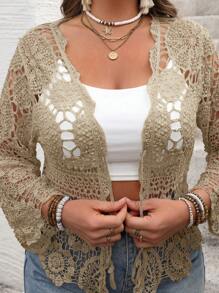 SHEIN VCAY Plus Size Solid Color Hollow Out Knit Cardigan, Vacation Style