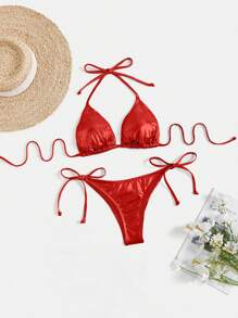 SHEIN Swim Women Solid Halter Neck Tankini Top And Briefs Swimsuit Set - Red - View 1