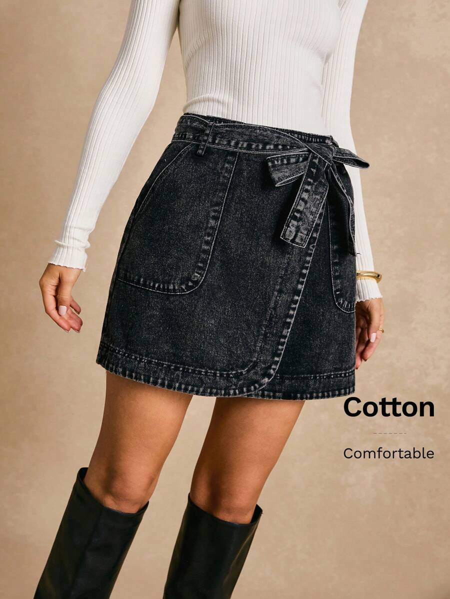 Poéselle Pocket Side Wrap Belted Skirt - Black - View 1