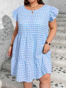 SHEIN CURVE+ Plus Size Women's Casual Cute Checkered Print Round Neck Cap Sleeve Lotus Leaf Sleeve Dress For Spring And Summer